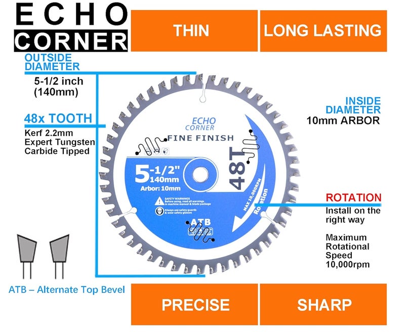 Echo Corner 5-1/2-Inch (10mm Arbor) Circular Saw Blades 48-Tooth, Heavy Duty 2-Pack Carbide TCT Fine Cut Fine Finish Crosscut Framing Wood Plywood MDF Plastic Veneer Lumber Laminate - Image 2